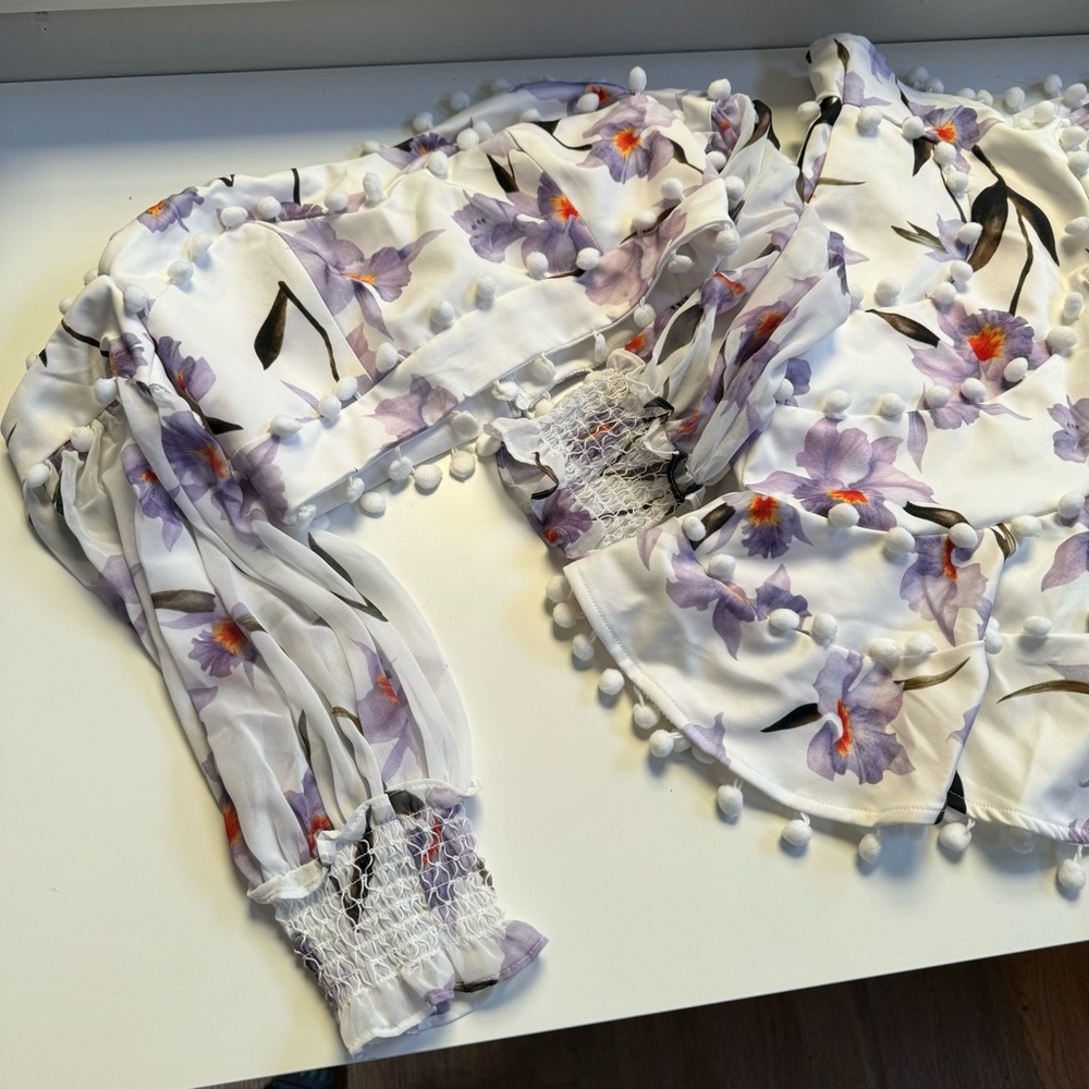 Skirt Set Floral pom pom trim Bodice off shoulder sheer sleeve crop top purple - Picture 5 of 15